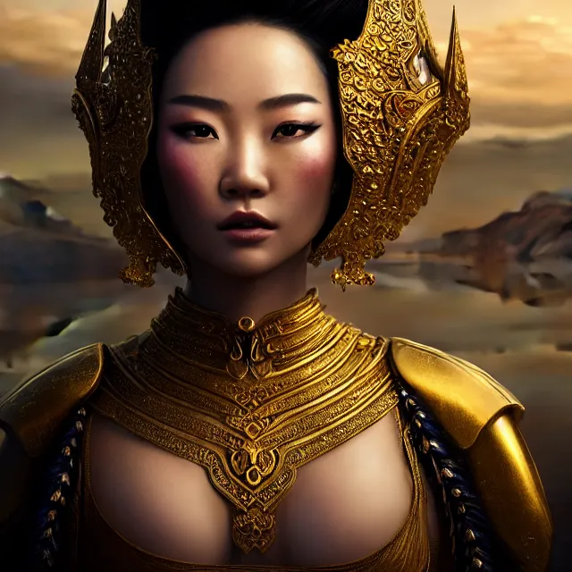 Prompt: beautiful cinematic closeup portrait of a sexy mongolian princess in a sensual pose covered with golden ornate armor, centered sexy face with full makeup!, atmospheric lighting, intricate, volumetric lighting, beautiful, sharp focus, ultra detailed, concept art by bowater charlie, brom gerald, with lake baikal in the background, astrophotography