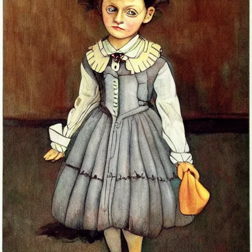 Prompt: little creepy girl wearing an gucci's outfit. art made by artgem, inspired by balthus, highly detailed, realistic, victorian style