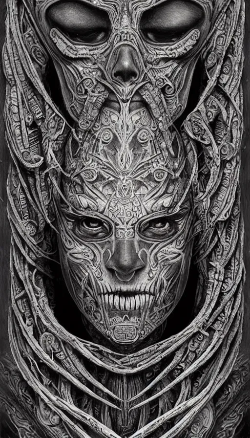 Image similar to immortal galactic emperor hybrid aztec fantasy beautiful angellic symmetrical human elven face skull mask tattoo pattern concept, teonanacatl glyph, intricate artwork by, Johnatan Wayshak, Zdizslaw Beksinski, face by Artgerm, H.R. Giger, very coherent artwork, cinematic, hyper realism, high detail, octane render, unreal engine, 8k, High contrast, higly detailed black ink outline, crosshatch sketch gradient