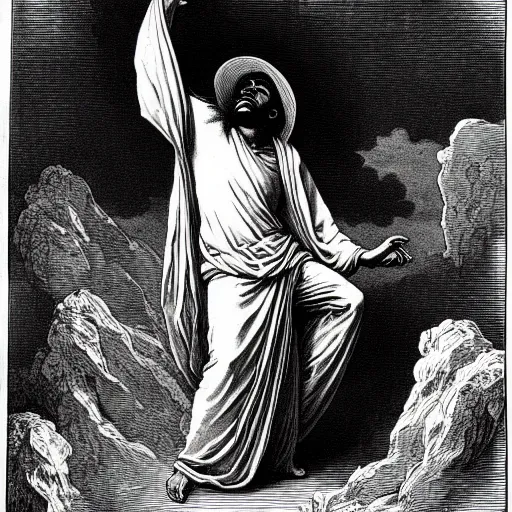 Prompt: lucki rapper ascending into heaven holding stacks of cash, biblical image, style of gustave dore, highly detailed, beautiful, high contrast, black and white