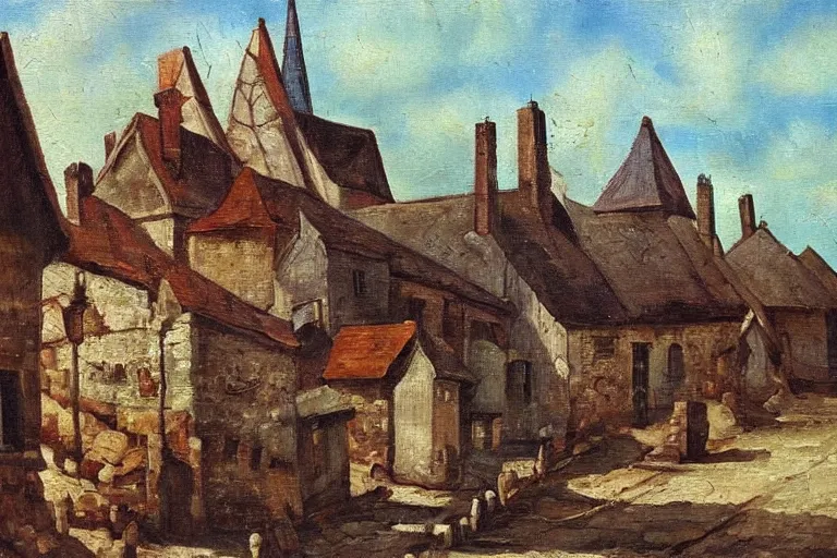 Image similar to old village, middle ages, oil painting, oil in canvas, brushstrokes