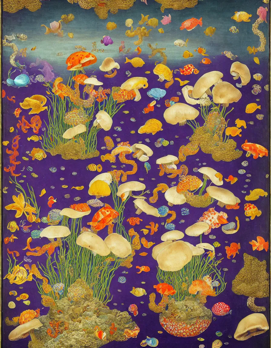 Prompt: vase of mushroom in the sky and under the sea decorated with a dense field of stylized scrolls that have opaque purple outlines, with colorful shells and koi fishes, ambrosius benson, oil on canvas, hyperrealism, light color, no hard shadow, around the edges there are no objects