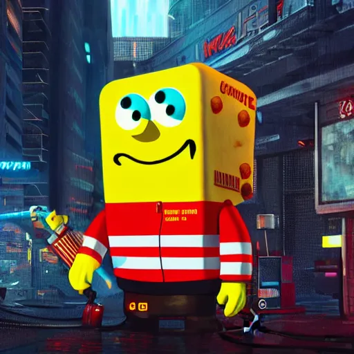 Image similar to cyberpunk spongebob as a firefighter in the city, cinematic, high definition, digital art,