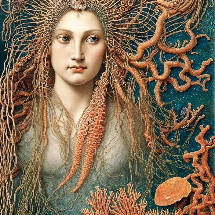 Image similar to realistic detailed face portrait of the goddess of the deep waters with an intricate headdress of corals, sea kelp, sea plants, fish, jellyfish, art by ernst haeckel, archimboldo, face in focus, neo - gothic, gothic,