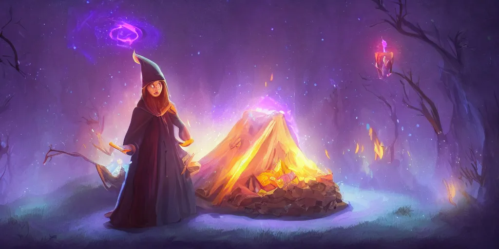 Prompt: female wizard with detailed face in a starry wizard hat casting a soothing purple spell near a crackling campfire at night in the woods, dramatic light and particle effects, digital painting, artstation style, beautiful detailed background, haunting, danger