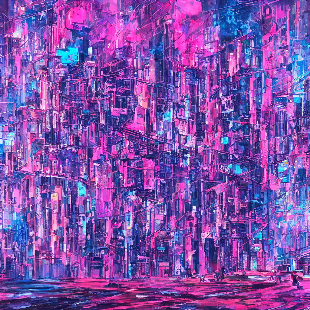 Prompt: oil painting of a cyberpunk metropolis, fuchsia and blue, textured