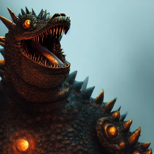 Image similar to Portrait of an angry steampunk Godzilla. 4K. Concept art. Unreal engine. Highly detailed.