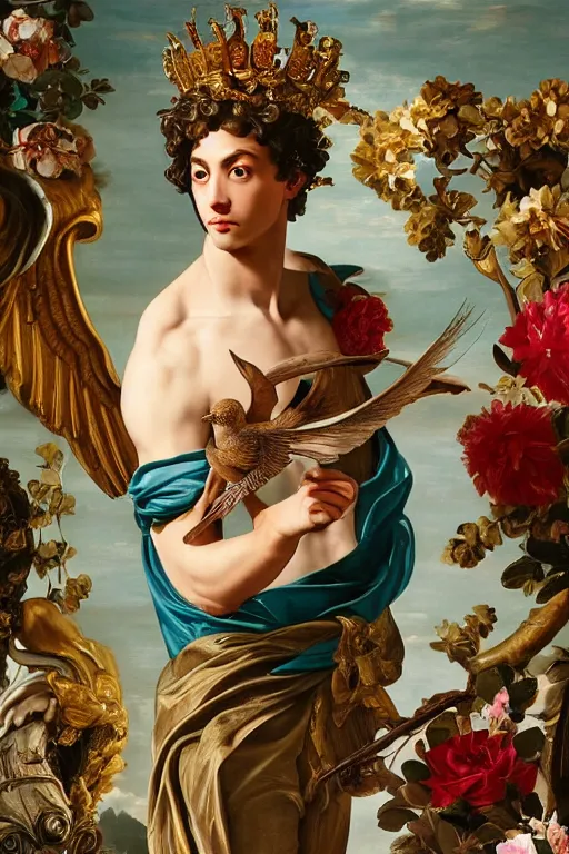 Prompt: a young handsome Spanish prince in a full-body bronze baroque statue of Icarus posed like a bird, crown of peach roses, flowing teal-colored silk, fabric, flowers. baroque elements, human skull. full-length view. baroque element. intricate artwork by caravaggio. many many birds birds on background. Trending on artstation, octane render, cinematic lighting from the right, hyper realism, octane render, 8k, depth of field, 3D