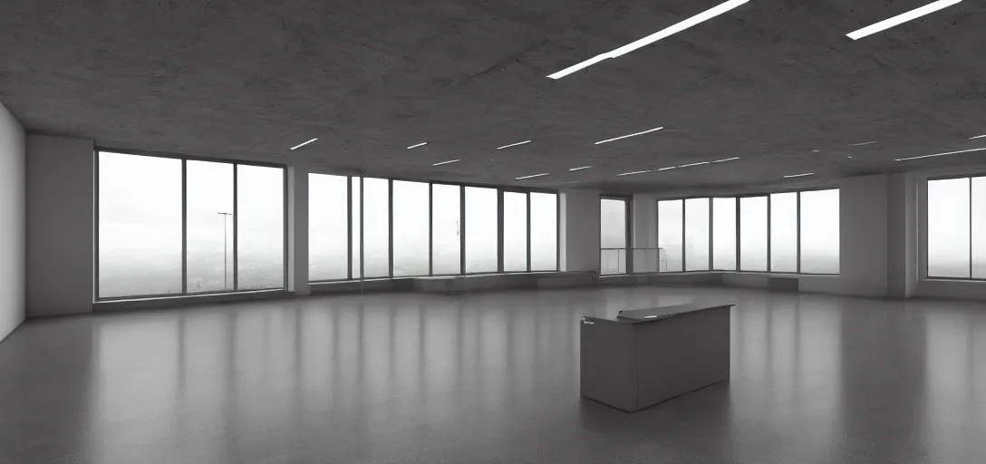 Prompt: empty office in the middle of nowhere, bright, 8 k photorealistic, hd, high details, trending on artstation