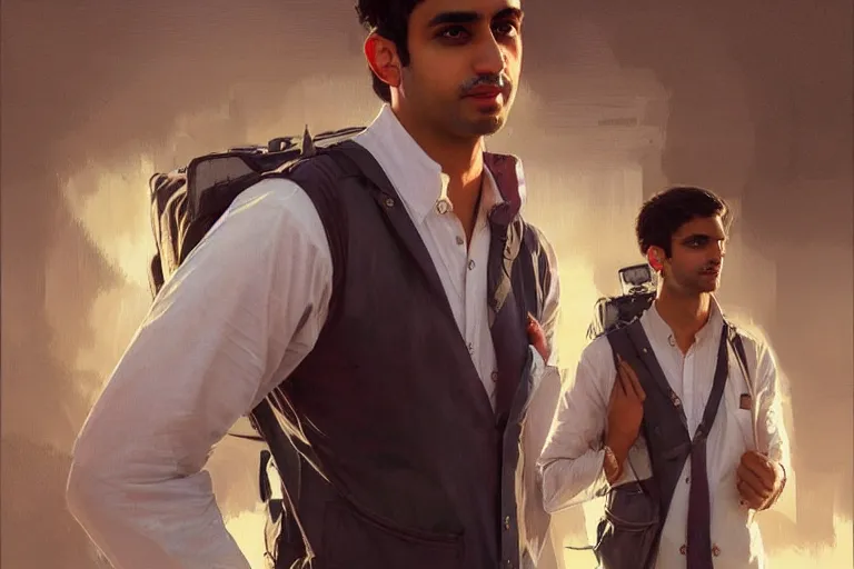 Image similar to Anxious good looking pale young Indian doctors wearing American clothes at the airport, portrait, elegant, intricate, digital painting, artstation, concept art, smooth, sharp focus, illustration, art by artgerm and greg rutkowski and alphonse mucha