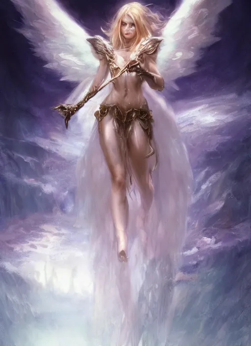 Image similar to concept art, angel knight girl. by artstation trending, by joseph mallord william turner, luis royo, konstantin razumov, cinematic lighting, fractal flame, highly detailed