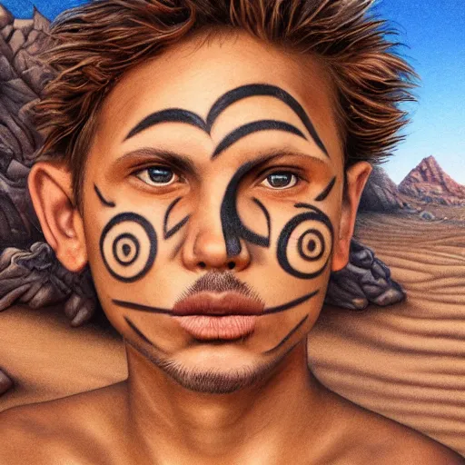 Prompt: a detailed portrait of a tan boy with a face tattoo in the desert, fantasy art illustration, incredibly highly detailed and realistic, 8 k, sharp focus