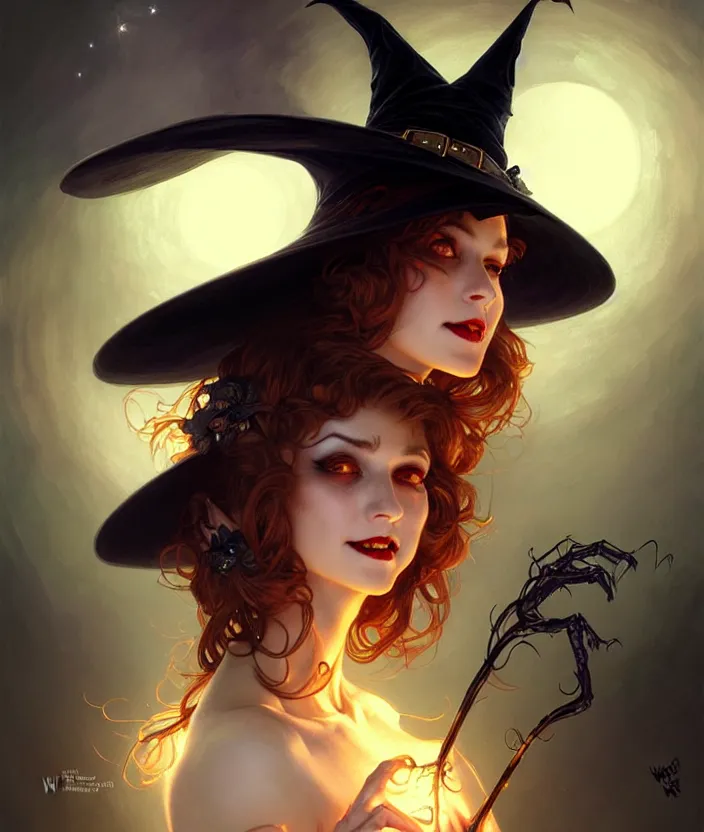 Image similar to halloween witch woman in a hat smiles, fantasy magic, undercut hairstyle, dark light night, intricate, elegant, sharp focus, illustration, highly detailed, digital painting, concept art, matte, art by wlop and artgerm and greg rutkowski and alphonse mucha, masterpiece