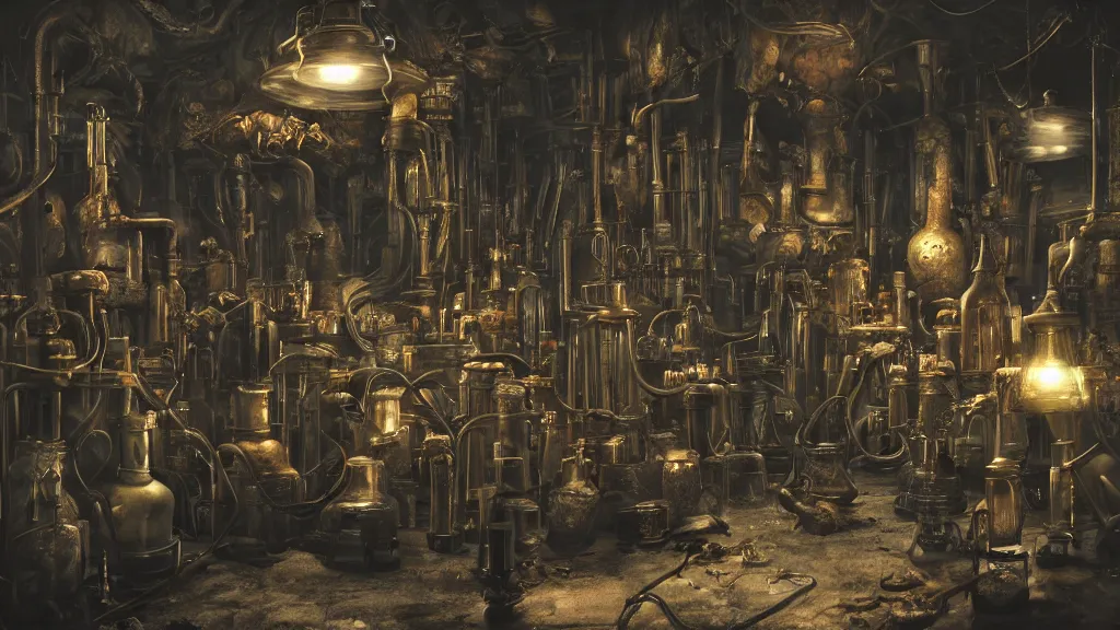 Prompt: dark wizards laboratory, ancient midevil, many tubes connecting many beakers, bronze steril feeling, realistic cinematic lighting, establishing action shot, ultra detailed, hyper realism, photo, octane render