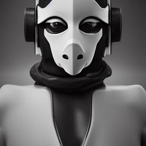 Prompt: a person in a black and white outfit with a mask on, cyberpunk art by ryusei kishida, featured on cgsociety, panfuturism, daz 3 d, 8 k 3 d, polycount