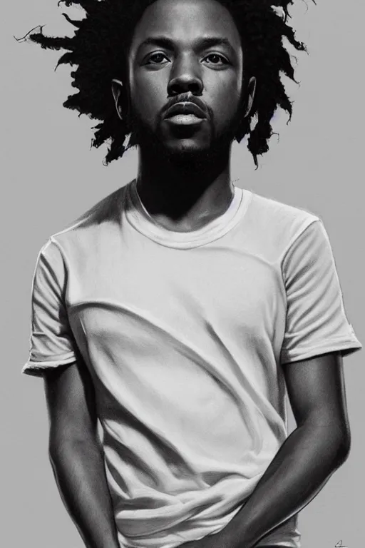 Image similar to ultra realistic kendrick lamar drawing, background is white and blank, elegant, highly detailed, digital painting, concept art, smooth, sharp focus, illustration, art by greg rutkowski and alphonse mucha