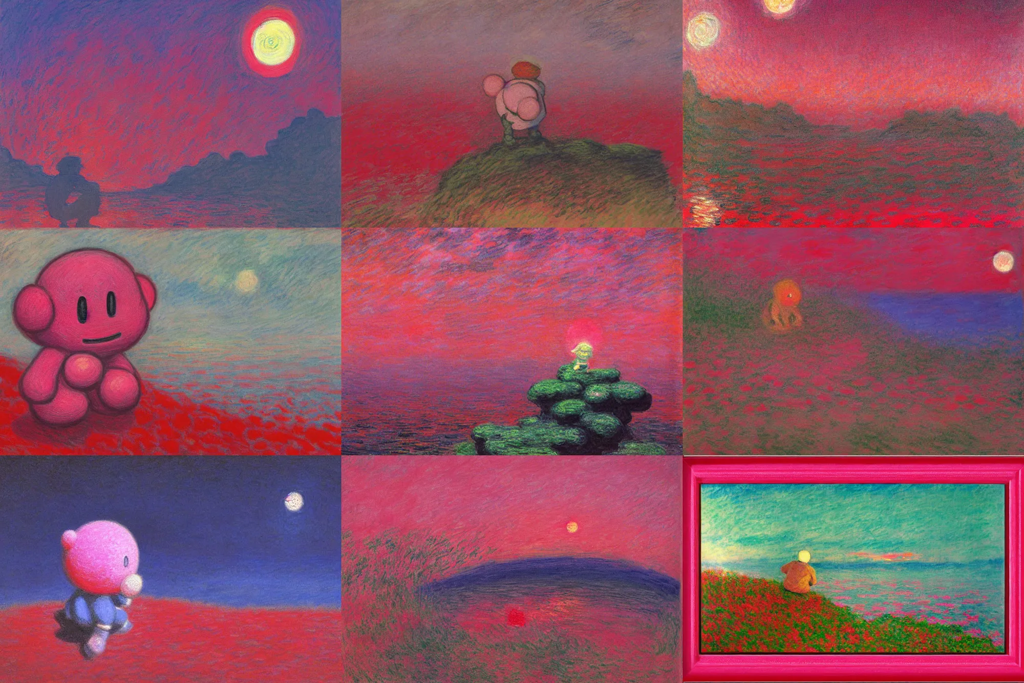 Prompt: pink nintendo Kirby sitting in a red rocky landscape at night. the sea is dark red. bright moon in the sky, moonlight in the darkness, Yoshitaka Amano, beautiful painting by claude monet, highly detailed textured 8k