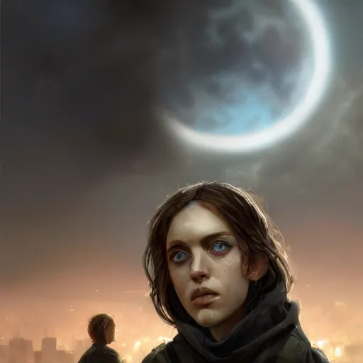 Prompt: A portrait of a blue eye girl, ruins of a destroyed city and a yellow-red full moon on background, techwear, dark, rainy atmosphere, natural volumetric light, intricate, highly detailed, digital painting, concept art, sharp focus, illustration, art by greg rutkowski, matte painting, trending on artstation