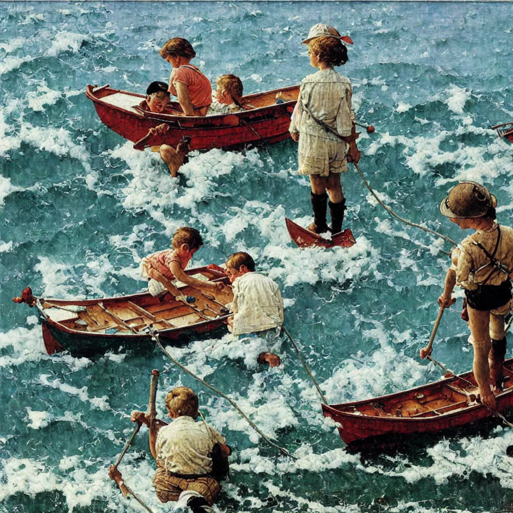 Image similar to a boat on the sea, oil on canvas, by norman rockwell