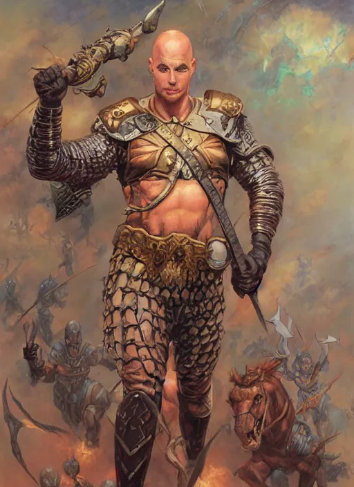 Image similar to a fantasy comic book style portrait painting of a bald male warrior, art by donato giancola and bayard wu and gustav moreau and wayne barlowe