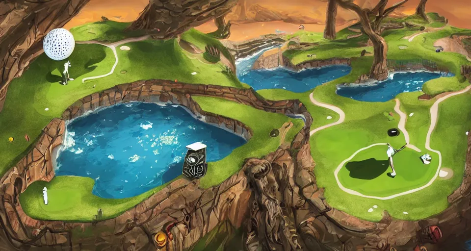 Image similar to A beautiful artwork illustration, a videogame level in a small golf-themed museum escape room with a golf ball who is a detective, featured on artstation, wide angle, horizontal orientation