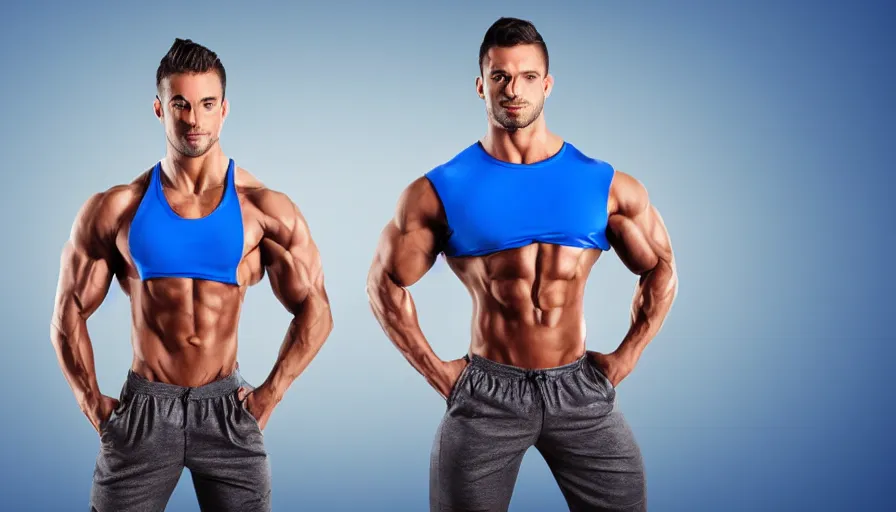 Image similar to male robot fitness model standing, blue background, bright lighting, shiny glossy metallic skin