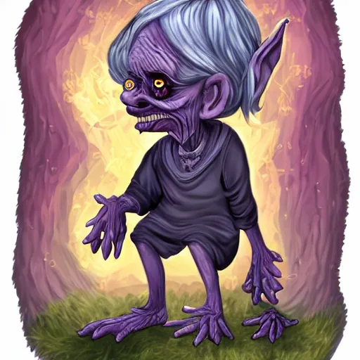 Image similar to creepy old goblin lady with magical nature powers, silver hair, dark yellow eyes, and a pep in her step, digital art