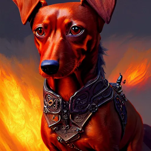 Prompt: a portrait of a fire elemental dachshund, fantasy concept art by Gerald Brom, highly detailed, intricate, sharp focus, Trending on Artstation HQ, deviantart, unreal engine 5, 4K UHD image