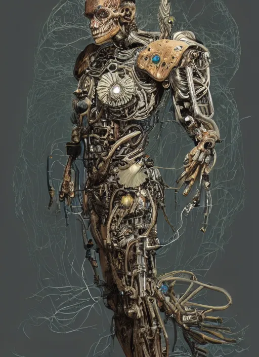 Prompt: hyper - detailed fine painting of a synthetic humanoid hybrid cyborg shaman half cybernetic and half made of plants and wood, concept art magical highlight
