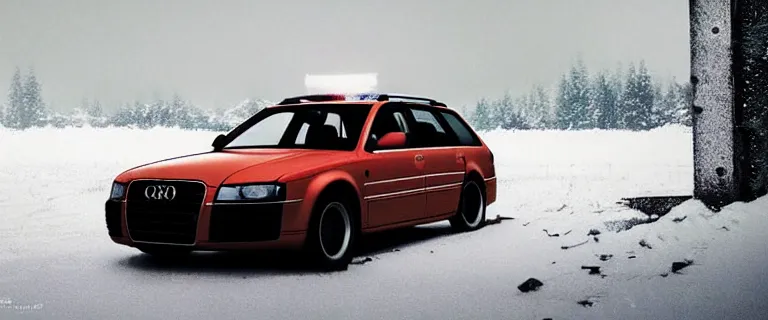 Prompt: Audi A4 B6 Avant (2002), a gritty neo-noir, dramatic lighting, cinematic, eerie person, death, homicide, homicide in the snow, gunshots, establishing shot, extremely high detail, photorealistic, red mist, arson, burning city, cinematic lighting, artstation, by simon stalenhag, Max Payne (PC) (2001) winter New York at night, In the style of Max Payne 1 graphic novel, flashing lights, Poets of the Fall - Late Goodbye