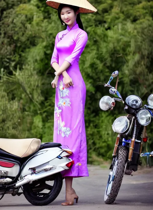 Prompt: a photo of a tall thin beautiful vietnamese girl in an ao dai dress and a conical hat standing in front of a motorcycle in the style of Dan Hecho