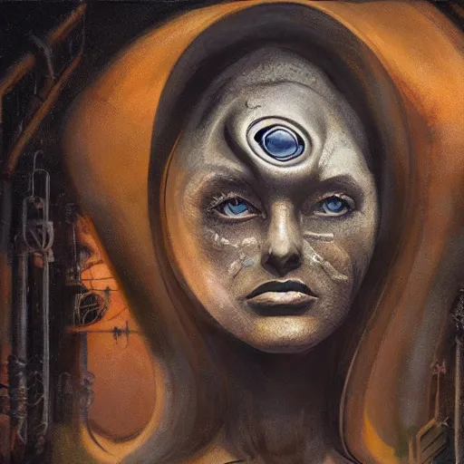 Image similar to detailed face of a woman with obsidian eyes in a biomorphic courtyard with dna sculptures at a science expo, atmospheric, ambient, pj crook, syd mead, livia prima, artgerm, greg rutkowski, nick alm, casey baugh