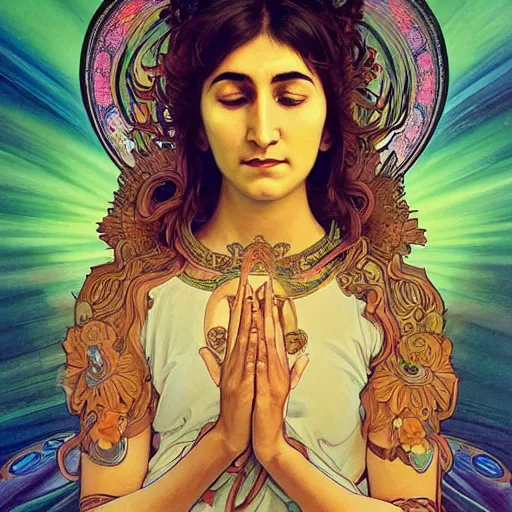 Image similar to john lennon bodhisattva, praying, prayer hands, psychedelic portrait art by artgerm and greg rutkowski and alphonse mucha