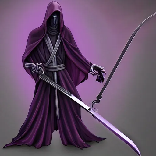 Image similar to grim reaper, purple cloak, full body, scythe