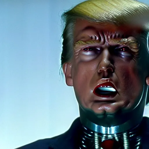 Image similar to A still of Donald Trump as The Terminator from T2 Terminator 2 Judgement Day. Extremely detailed. Beautiful. 4K. Award winning.