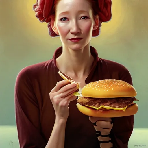 Image similar to portrait of anne heche eating hamburgers, extra onions and ketchup, luscious patty with sesame seeds, feminine ethereal, handsome, d & d, fantasy, intricate, elegant, highly detailed, digital painting, artstation, concept art, matte, sharp focus, illustration, art by artgerm and greg rutkowski and alphonse mucha