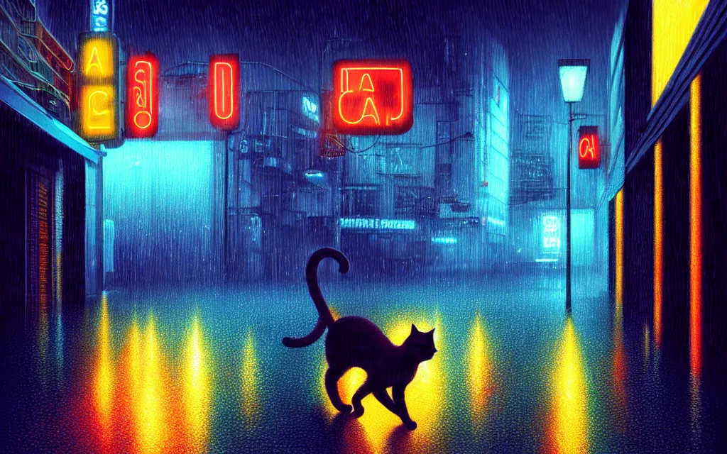 Image similar to cat running through heavy rain in a neon lit street at night by wlop, ultra detailed color art, high detail, digital art