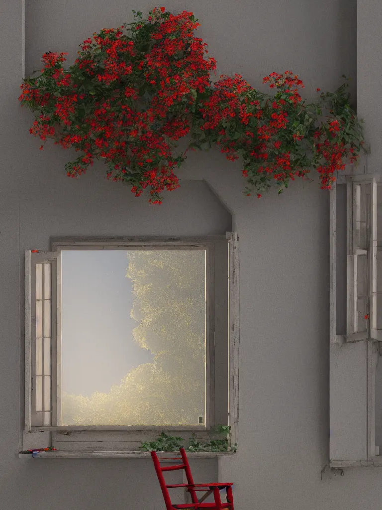 Image similar to a single old house window with a vase of red flowers with view to a sunrise, blue wall, a wooden chair near the window, concept art, octane render, unreal engine 5, trending on deviantart, highly detailed, high quality, hd, digital painting, masterpiece, geometric, symmetrical, low contrast, beautiful, high coherence, natural lighting, intense lighting