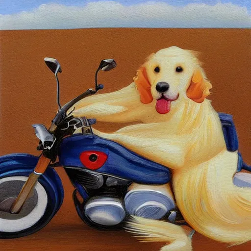 Prompt: “an English cream golden retriever riding a motorcycle wearing a leather jacket on a desert road, oil painting”