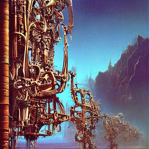 Prompt: biomechanical god, art by bruce pennington