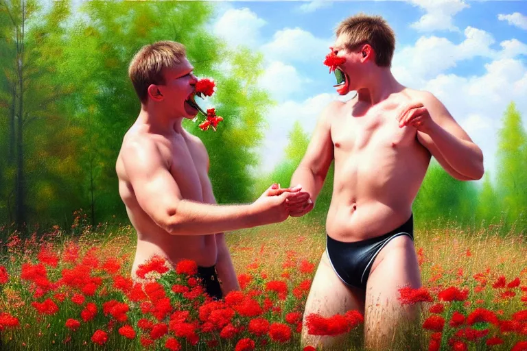 Image similar to ( ( a beautiful 8 k photorealistic masterpiece oil painting ) ( of ( two finnish men wrestling with flowers in their mouths and a big smile on their faces ) ( finnish scenery ) ) ( hyperrealism ) ( 1 6 k ) ( trending on artstation )