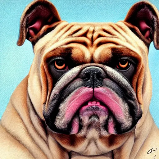 Image similar to close-up of a bulldog wearing a beanie, highly detailed, sharp focus, digital painting, artwork by Victor Adame Minguez + Yuumei + Tom Lovell + Sandro Botticelli