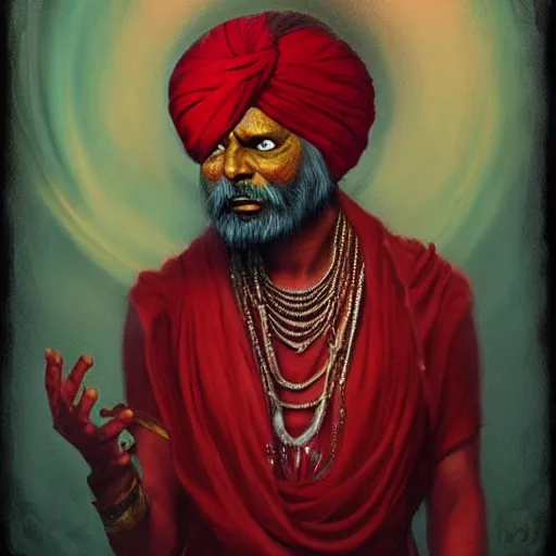 Prompt: old indian guru, turban, creepy, red and gold, meditation, by Anato Finnstark, Tom Bagshaw, Brom