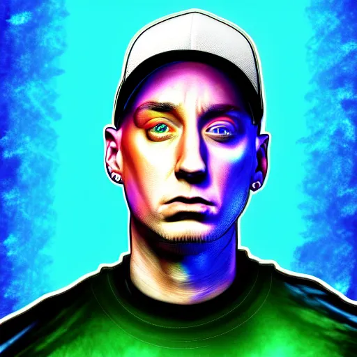 Prompt: a detailed digital art of eminem if he were also a dolphin that was high on DMT in the ocean, photosynthetic, ornate, maximalist, artstation, imdb, hip-hop influences, watercore, trippy,