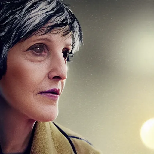 Prompt: woman in her 6 0 s with close cropped hair. lori petty. running on a treadmill. side on. realistic concept art painting. cinematic lighting. dark and moody. scifi