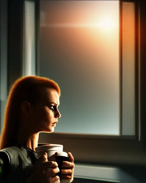 Prompt: a terminator cyborg lady with borg implants and a young human face is drinking coffee near a window with dystopian city visible outside. tiny green led lights in her cybernetics. very detailed 8 k. horror cyberpunk style.