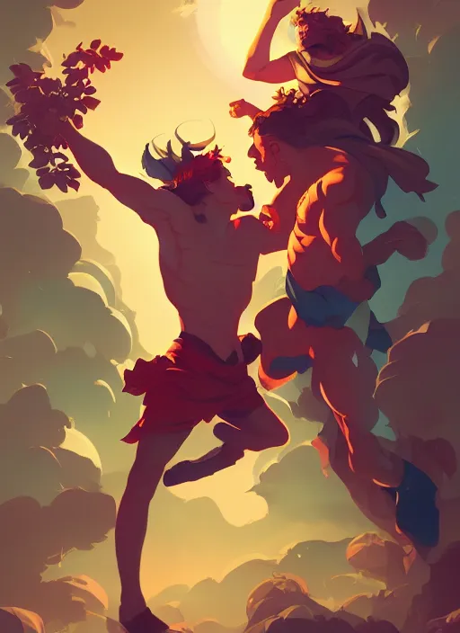 Prompt: Apollo vs Dionysus, in the Style of Artgerm and Charlie Bowater and Atey Ghailan and Mike Mignola, vibrant colors and hard shadows and strong rim light, Comic Cover Art, plain background, trending on artstation