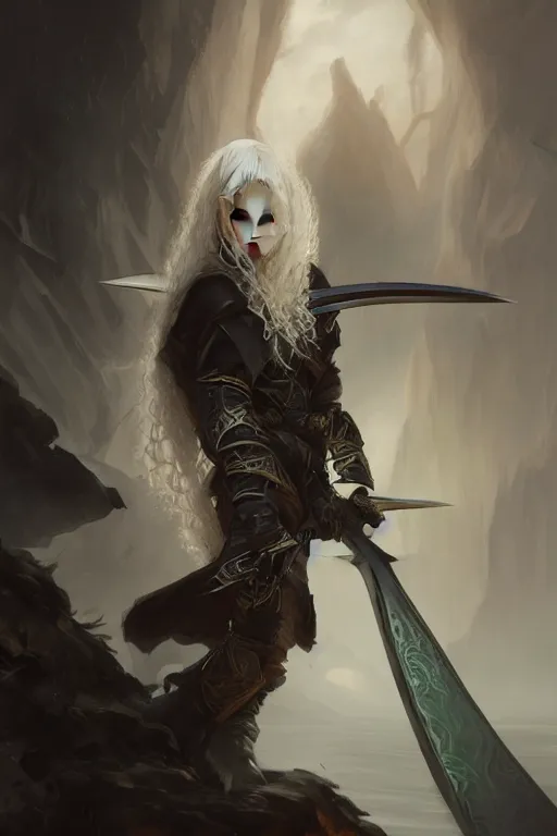 Prompt: fantasy painting of a long-haired albino with a black blade, painted by Bayard Wu, ultra detailed, 8k