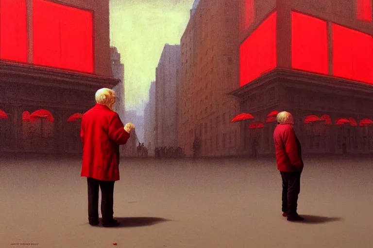 Image similar to only with red, a red old man try to sell a portrait, crowd cheering, in a city square, in the style of beksinski, parts by edward hopper, parts by rodcenko, parts by yue minjun, intricate and epic composition, red by caravaggio, insanely quality, highly detailed, masterpiece, red light, artstation, 4 k