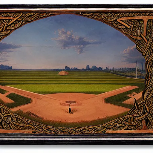 Prompt: a beautiful and highly detailed matte painting of a baseball field in a corn field, celtic knots, intricate details, epic scale, insanely complex, 8 k, sharp focus, hyperrealism, very realistic, by caspar friedrich, albert bierstadt, james gurney, brian froud,